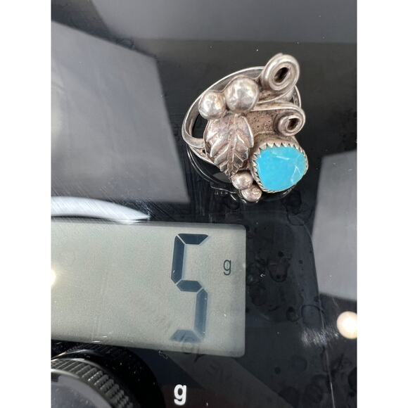 Vintage Sterling Silver Turquoise Ring - Size 7 Handmade Scroll Leaf Boho - Picture 5 of 7